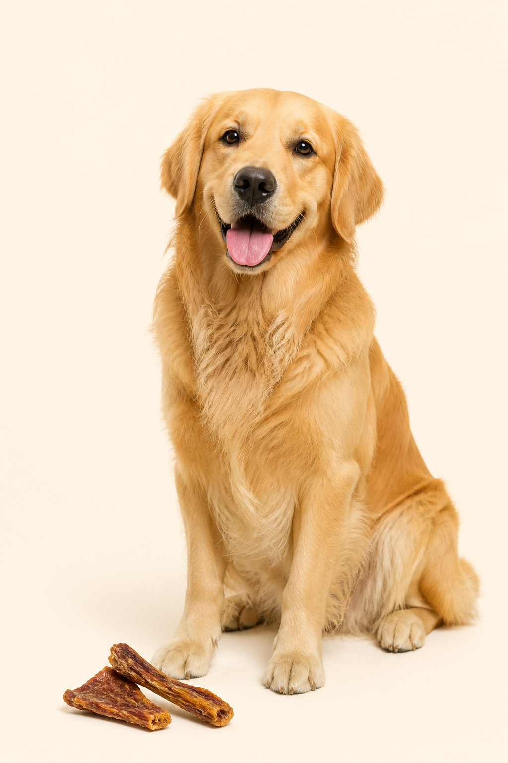 Happy Golden Retriever, the friendly face of Butter Bites, sitting beside natural dog treats